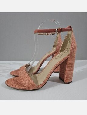 Sam Edelman Yaro Block Heel Sandal Womens 10.5 Pink Coral Woven Ankle Strap